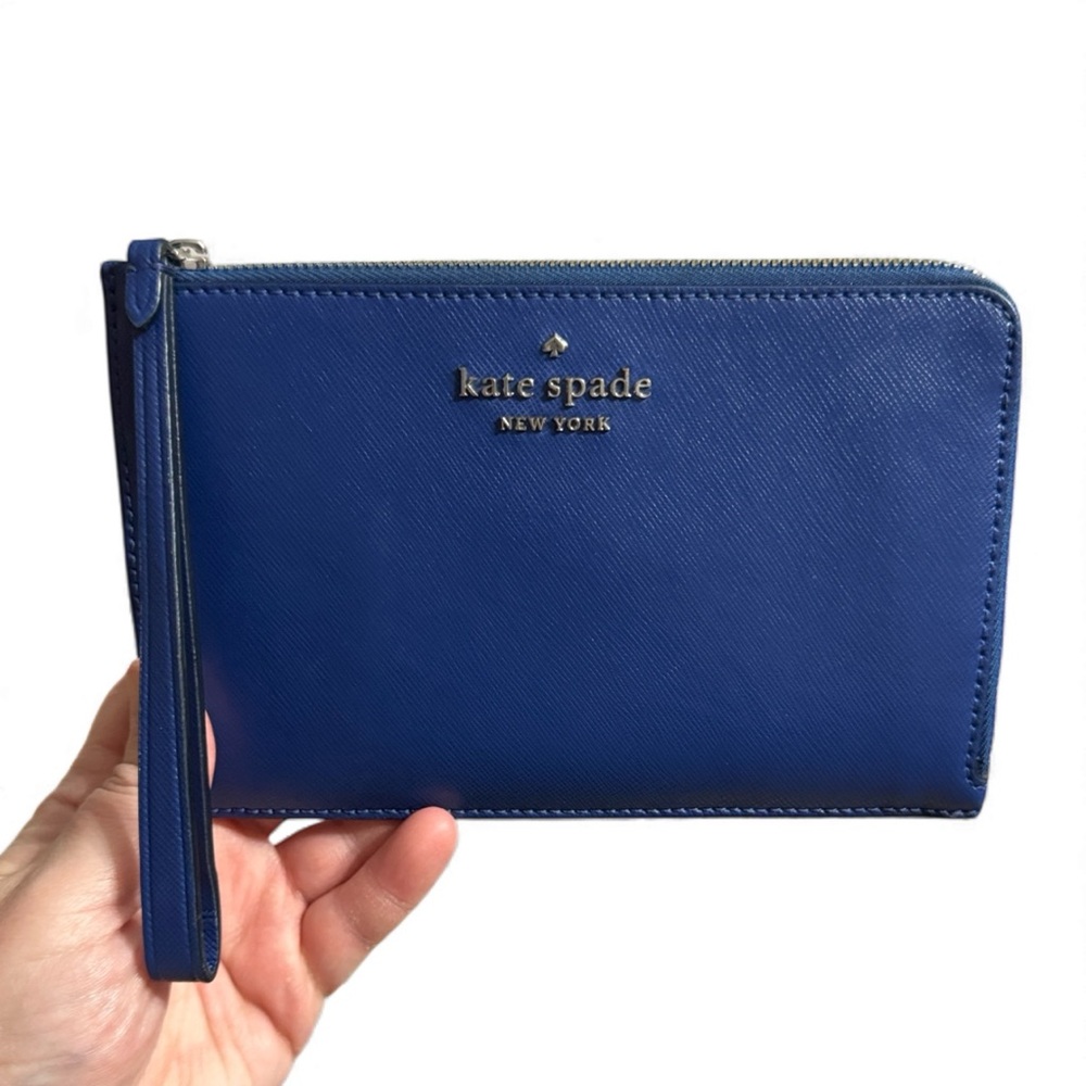 kate spade blue Saffiano leather wristlet